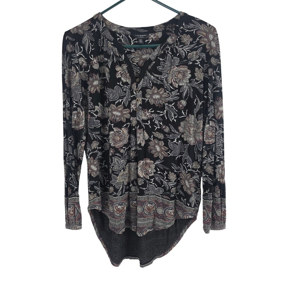 Lucky Brand Cottage Core Long Sleeve Top S Womens V Neck Hi Low Coquette